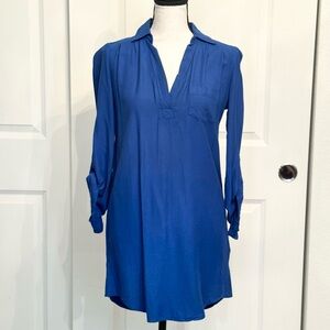 Blue V Neck Long Sleeve Tunic or Shirt Dress w/Collar by Sparkle & Fade, Size XS